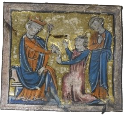 A 13th century artist's interpretation of Charlemagne shown here sitting on a throne (the figure on the left), conversing with a kneeling man named Aimery (the figure in the middle) a legendary hero from an Old French Narrative Chansons de Geste